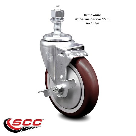 Service Caster 5 Inch Maroon Polyurethane Wheel Swivel 1/2 Inch Threaded Stem Caster with Brake SCC-TS20S514-PPUB-MRN-TLB-121315